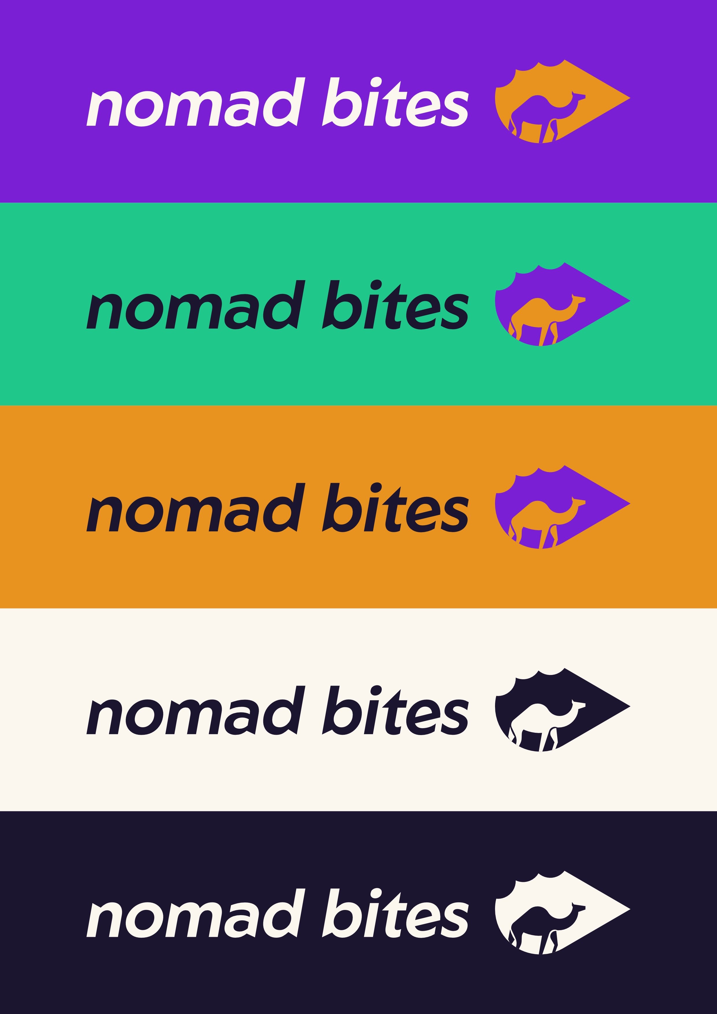 Logo Nomad Bites v pěti barevných variantách na fialovém, mintovém, oranžovém, krémovém a tmavém podkladu