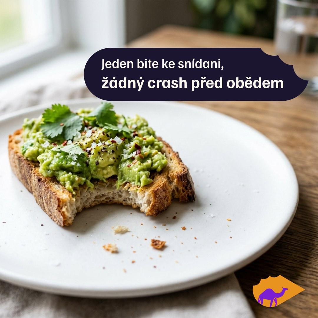 Instagram post Jeden bite ke snídani, žádný crash před obědem, avokádový toast s kousancem