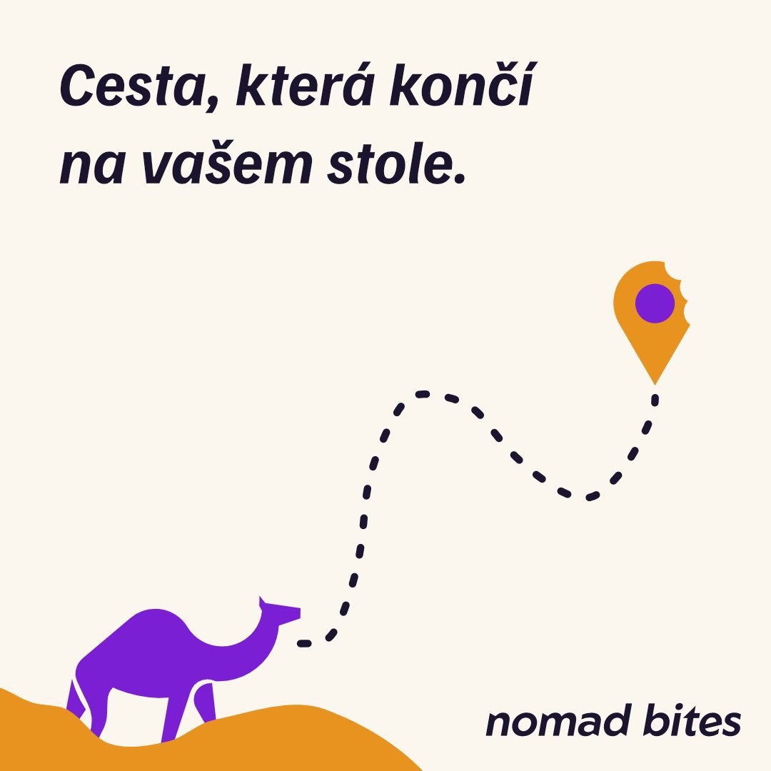 Instagram post Cesta, která končí na vašem stole, ilustrace velblouda a špendlíku na mapě