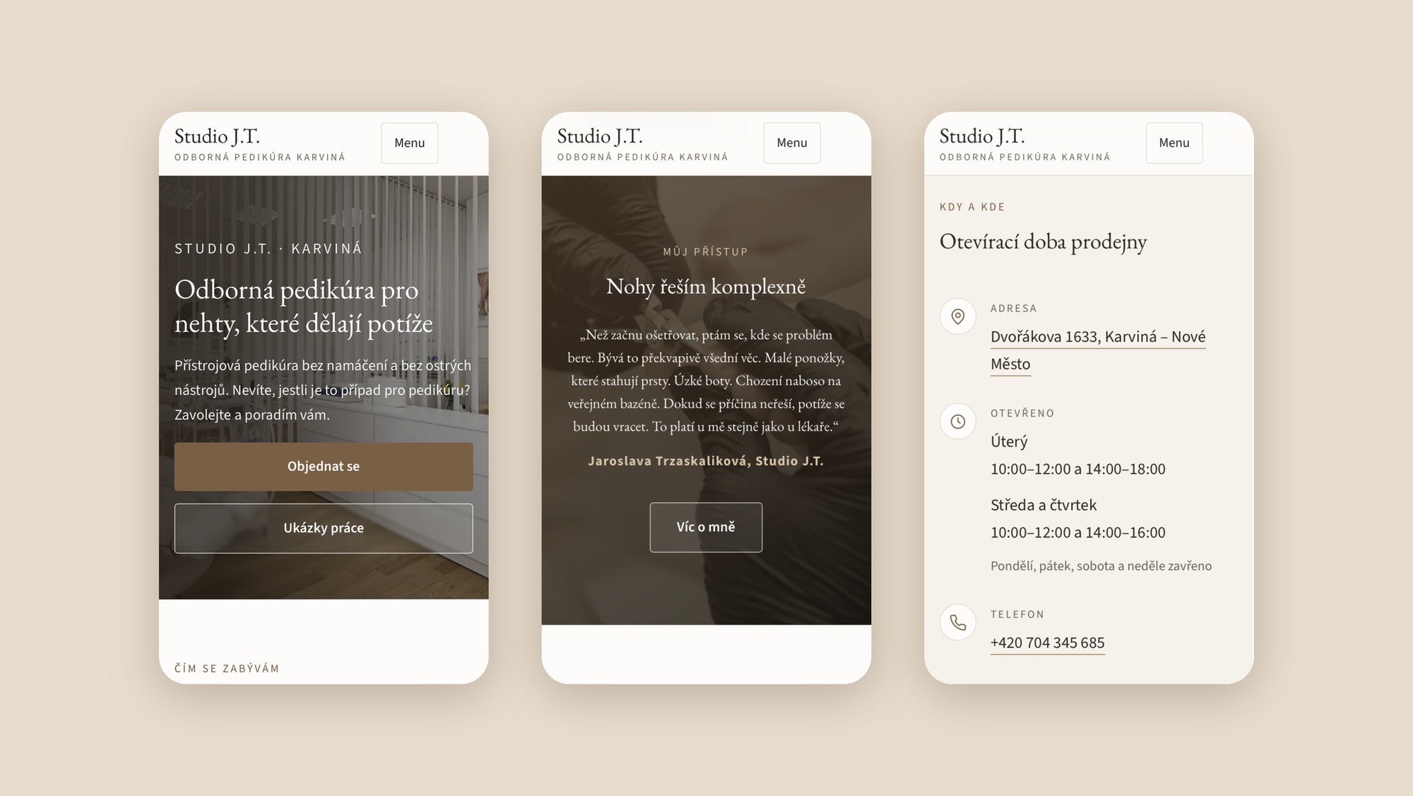 Tři obrazovky webu Studia J.T. na mobilu: úvod, citát o přístupu a otevírací doba prodejny