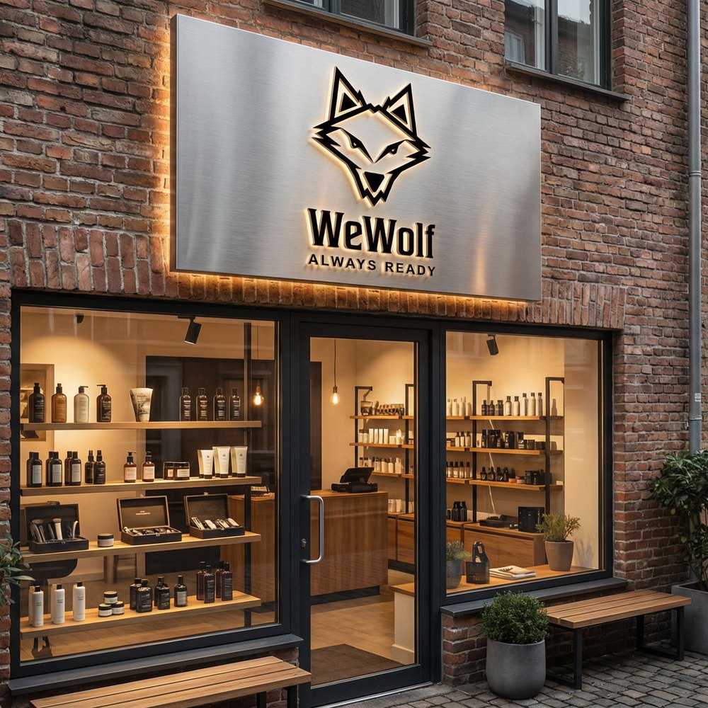 WeWolf výloha kamenného obchodu s pánskou kosmetikou