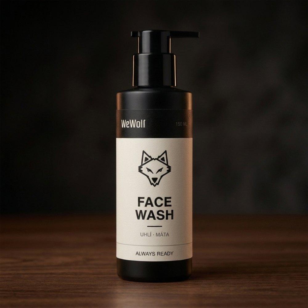 WeWolf Face Wash, produktová fotografie černé lahvičky s krémovou etiketou