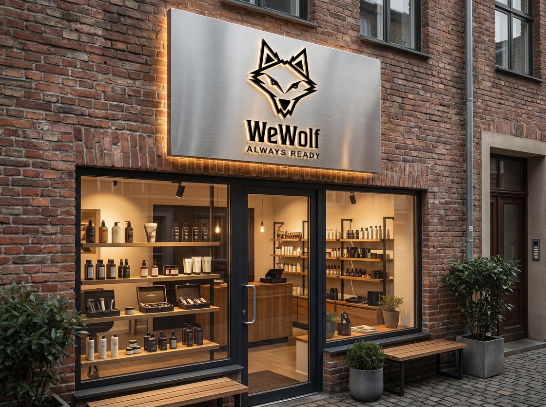 WeWolf výloha kamenného obchodu s pánskou kosmetikou, logo na kartáčované ceduli